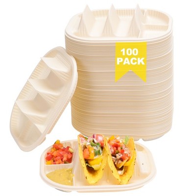 100 Pack Disposable Taco Holder With Dipping Sides, Biodegradable Cornstarch,...