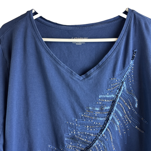 Catherines Shirt Womens 3X 26-29W Blue Plus 3/4 Sleeve Stretch Casual Pull Over