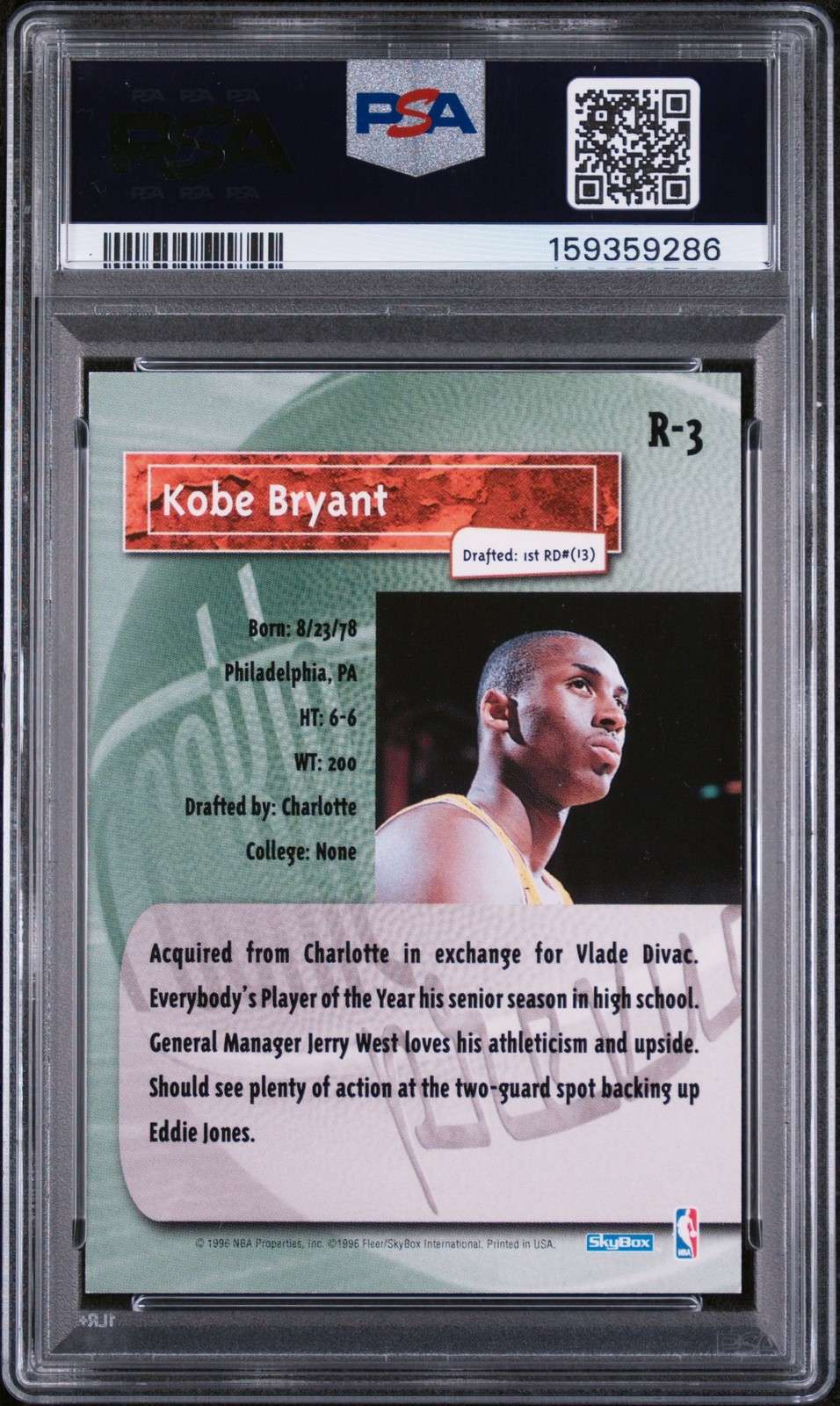 1996 Skybox Premium R-3 Kobe Bryant Rookie Prevue PSA 7 159359286 view 2