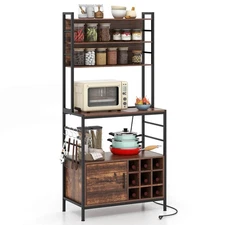 67" Bakers Rack w/ Power Outlet Coffee Bar Cabinet w/ S-Shaped Hooks