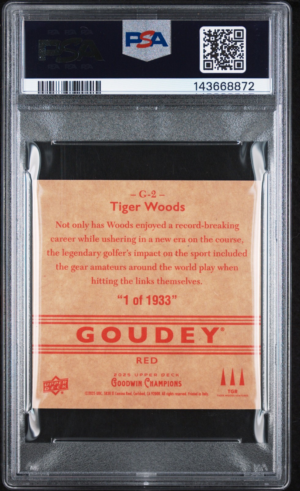 2025 GOODWIN CHAMPIONS GOUDEY RED #G-2 TIGER WOODS PSA 9 view 2