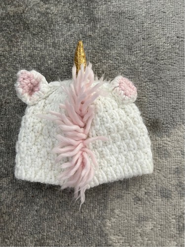 Baby OSFM Beanie Hat White Unicorn Gold Horn Pink Mane Chunky Knit Halloween