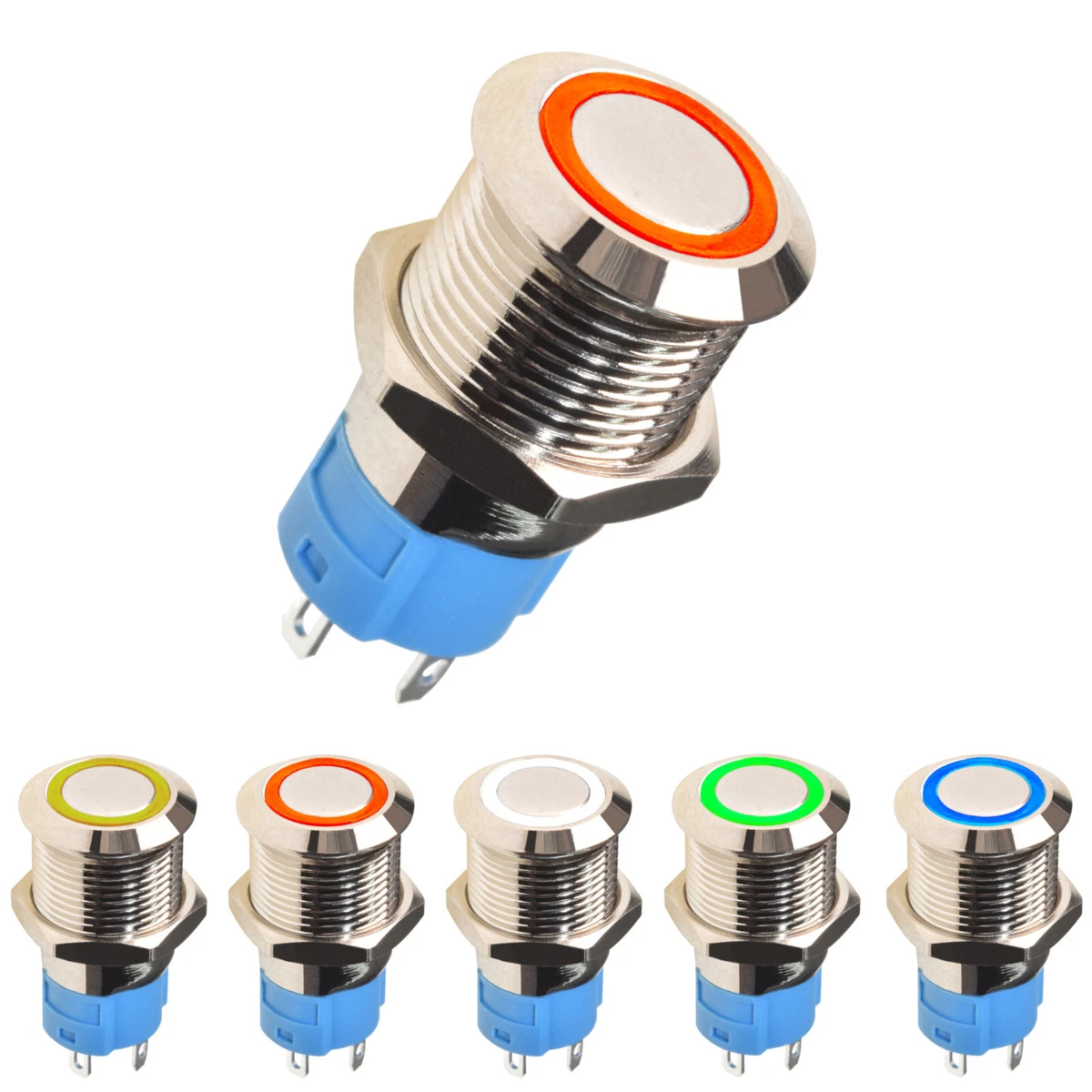 Druck-Taster Edelstahl LED Ringbeleuchtung – 19mm – Rostfrei Und Wetterfest– Wasserdicht 230V (Blau