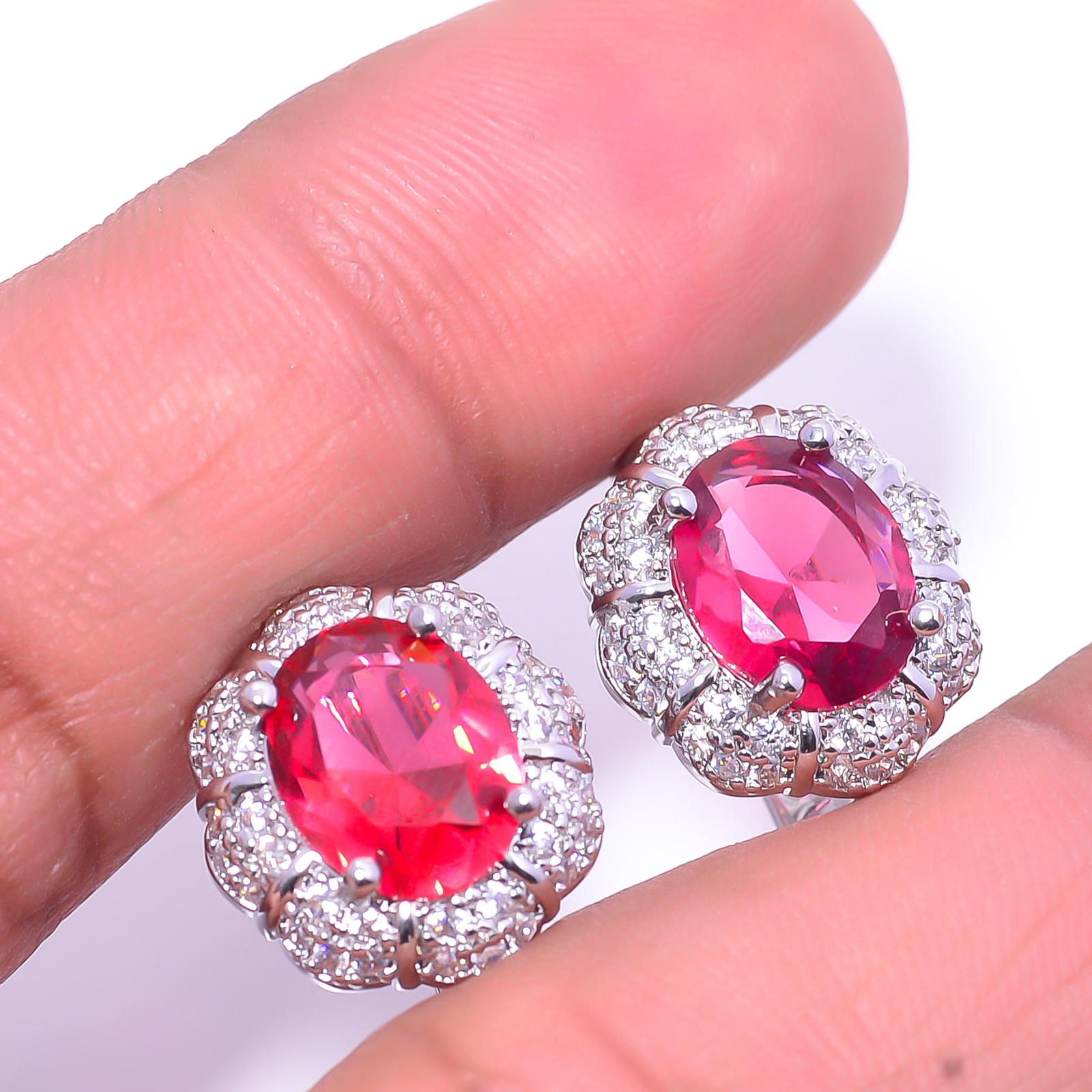 Pink Rubellite Tourmaline & Cubic Zirconia 925 Sterling Silver Earring 0.59