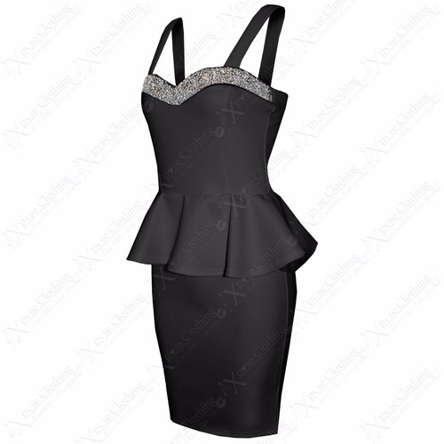 NEW WOMENS LADIES JEWEL TOP STRAP PEPLUM FRILL DRESS BODYCON PARTY DRESSES SKIRT - Picture 3 of 16