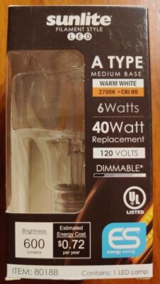 6pc. Sunlite LED Edison A19 Light Bulb, 6 Watts (40W Equivalent), 600 Lum
