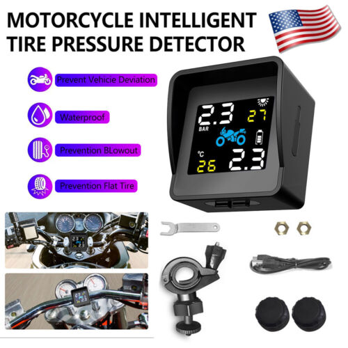 Solar Motorcycle TPMS Tire Tyre Pressure Monitor System + 2 External Sensors US