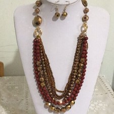 Multi layer gold and brown bead necklace earring set