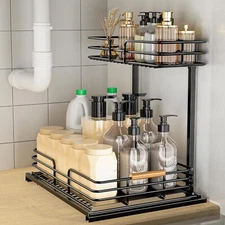 LAMU 2 Tier Pull-Out Under Sink Organizer and Storage Bathroom Kitchen Cabinet