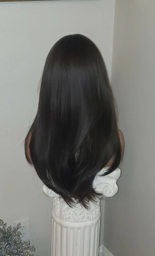 Peluca - Mezcla de Cabello Humano - Largo Recto Capas Marrón Oscuro Brazalete Resistente al Calor Foto 4 de 4