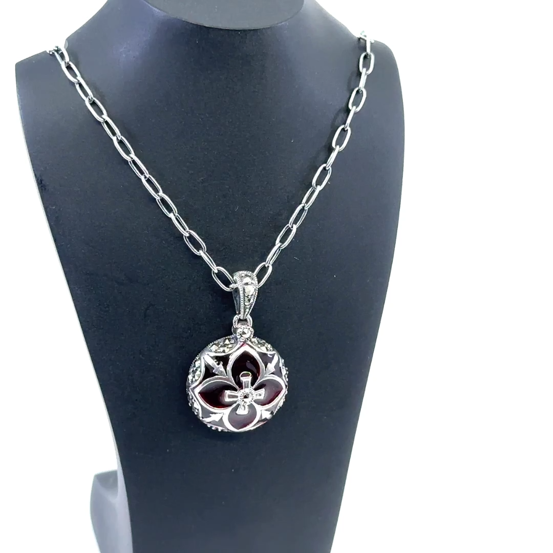 Necklace Elizabethan Style 925 Sterling Silver Set With Red Enamel And  Marcasite