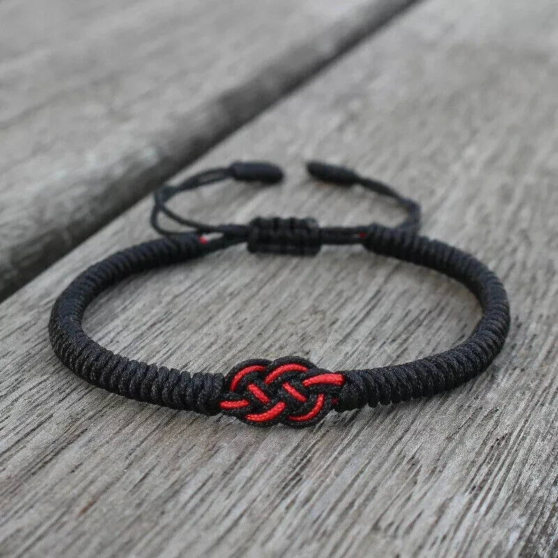Pulsera trenzada de cuerda roja negra 2 piezas con nudos de amante para pareja suerte fortuna Foto 3 de 4