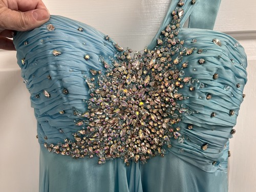 Mac Duggal langes Kleid Chiffon Satin Perlen Brust Schleppe Aqua Gr. 2 $ 998 - Bild 3 von 9