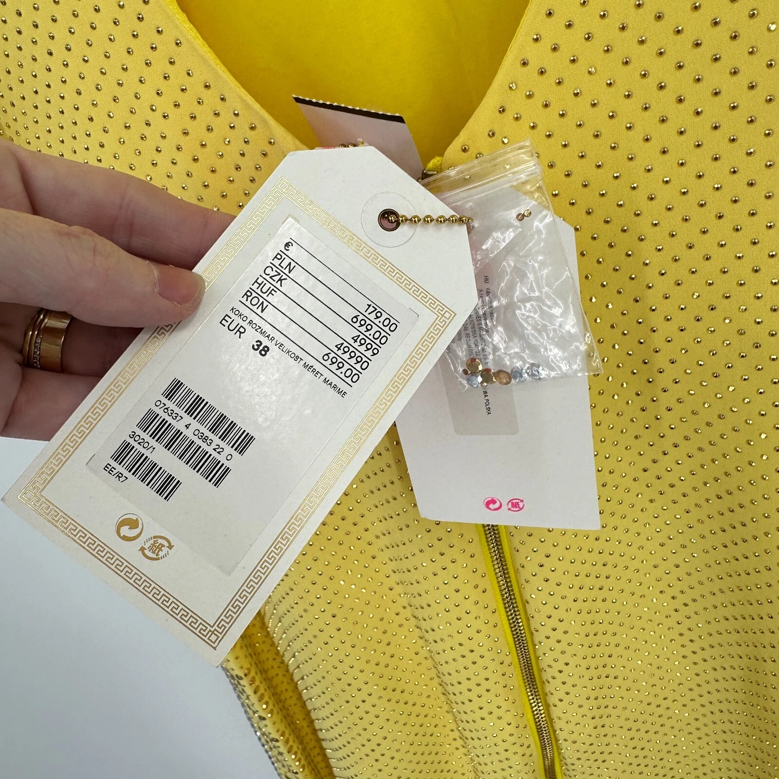 Versace H&M Mini Abito Donna 8 Seta Borchie Giallo Tubino Senza Schienale Zip Nuovo con etichette