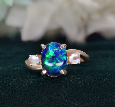 Oval Peacock Opal 925 Silver 14K Rose Gold Plated Wedding