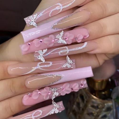 Press on Nails - Extra Long Square Glue on Nails with Pink French 05412Pink
