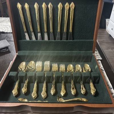 24K Gold-Electroplated SS Japan Elegance Flatware Set Service For 8 With Box