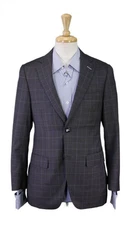 Custom Made Gray Blue Checkered Slim Fit 2-Btn Wool Sportcoat Blazer 38S