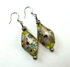 Green Blue Golden Murano Style Spiral Art Glass Beads Dangle Pierced Earrings