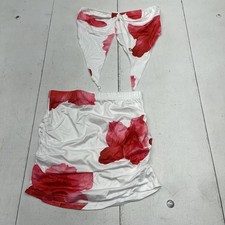 SHEIN Skirt Set Womens Medium White Red Floral Two Piece Ruched Mini Top