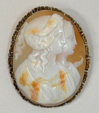 Antique Victorian 12K Yellow Gold Carved Shell Cameo Brooch Of Apollo & Artemis