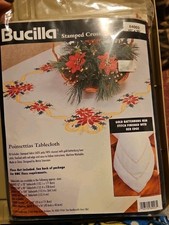 Bucilla Stamped Cross Stitch Red Poinsettias Tablecloth kit 60" X 90" 84003 1998