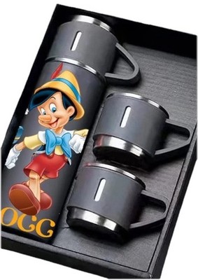 Pinocchio Thermoskanne Isolierkanne Grau Hält Kalt und Warm + 3 Becher Edelstahl