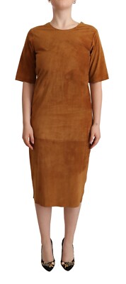 GLOEN Dress Sheath Brown Leather Short Sleeves Round Neck Midi IT42/US8/M $1000