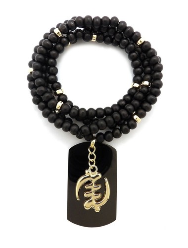 Hip Hop Egyptian Gye Nyame & Dog Tag Pendant w/ 6mm 30" Wooden Bead Necklace - Picture 3 of 5