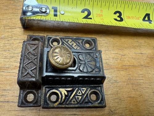 Vintage Cabinet Door Latch, Cast Iron, Brass Knob, ORIGINAL Finish and Patina - Picture 6 of 6