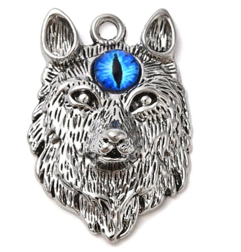 1x Silver Tone 3D Wolf Head with Blue 3rd Eye Pendant Long Rolo Chain Necklace - Picture 7 of 7