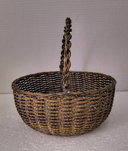 Vintage Brass / Metal Decor Wicker Style Basket With Movable Handle 7.5"x3" - Picture 3 of 8
