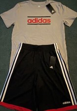 NWT Adidas Boys YMD Black/Gray/Red/White BIG LOGO Shorts Set Medium
