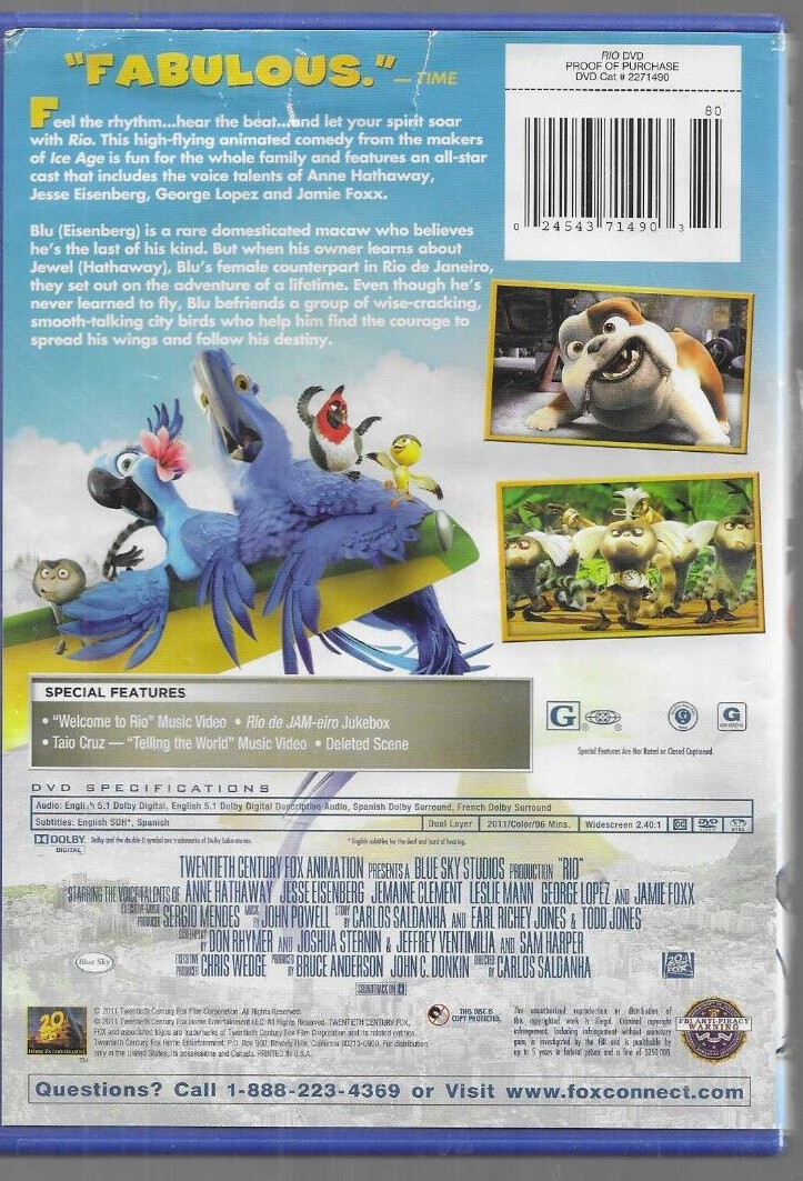RIO MOVIE ANIMATED MUSICAL PRODUCTION ON DVD,20TH CENTURY FOX,2011