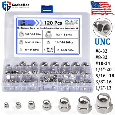 GOOBETTER 120Pcs UNC Hex Acorn Cap Nuts Assortment Kit #6 #8 #10 - 1/2" A2 Stainless Steel