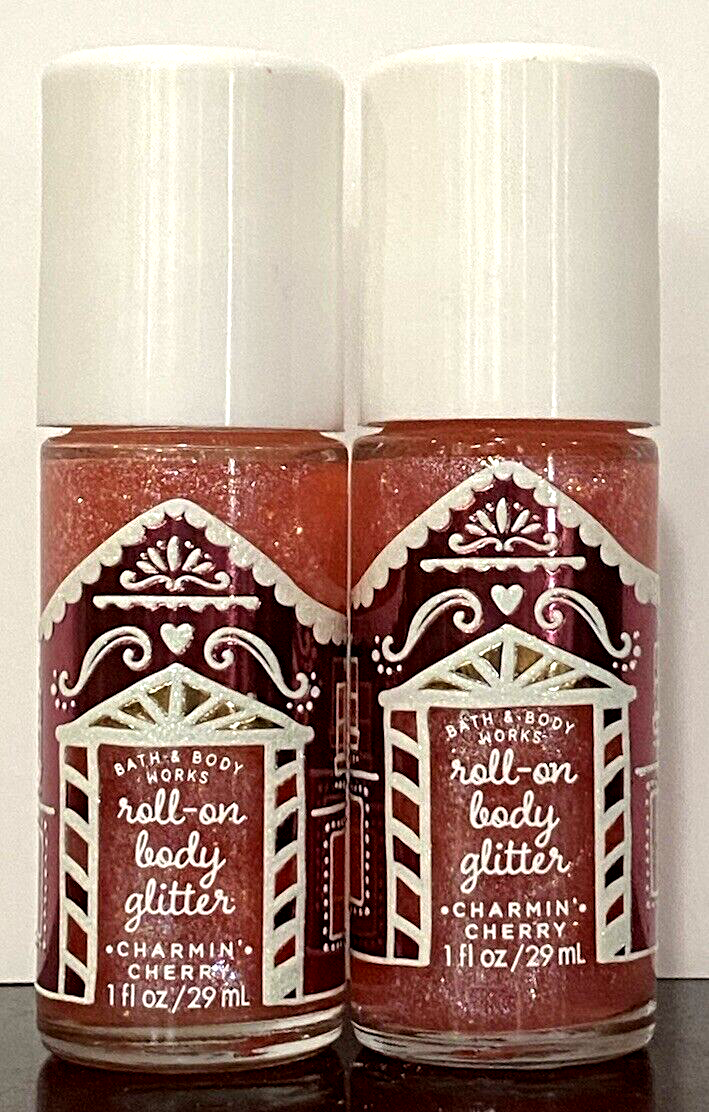 Bath & Body Works LOT OF 2 CHARMIN CHERRY Roll On Body Glitter Xmas