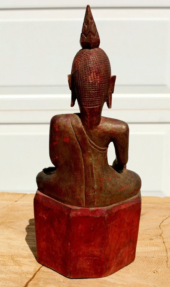 Rare 19c Burmese Shan Buddha Statue Gold Gilt wood red base 11 1/2" X 5" X 3"  - Image 3 of 4