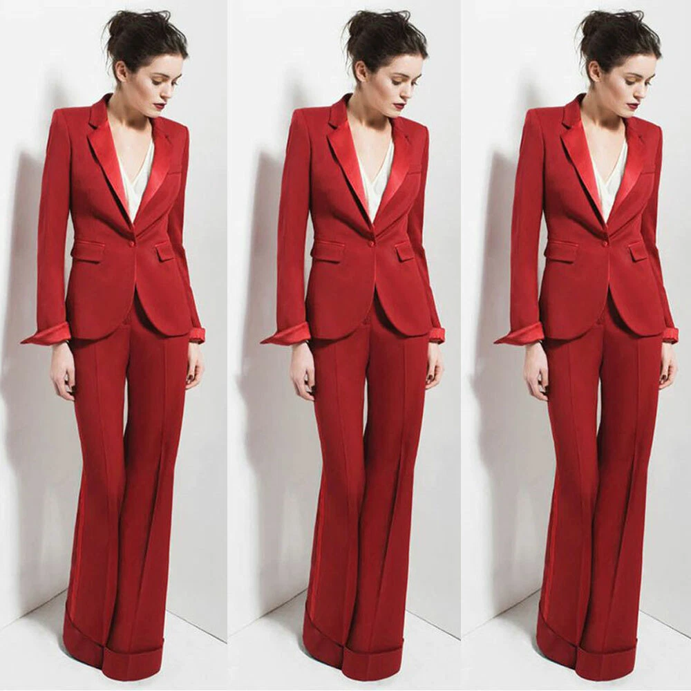 Womens Pant Suit Red Elegant Office Lady Blazers Jacket Two Pieces