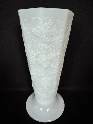 Vintage Indiana Colony Harvest Grape Paneled Milk Glass Footed Vase 9 1/2" Tall