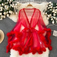 Mujeres Sexy Camisón Malla Transparente Imitación Piel Borde Camisón Pijama Bata Moda Nuevo