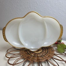 50s Anchor Hocking Fire King White Milk Glass Divided Platter Gold Hobknob Edge