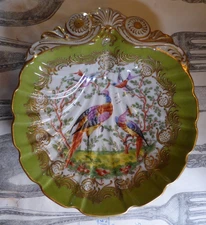 GORGEOUS Bourdois Bloch Porcelain Antique Scallop Seashell Birds Footed Dish EUC