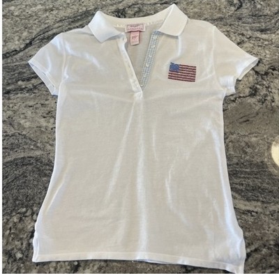 Hyp  Flirty Girl Women Short Sleeve White Microfiber Golf Polo W JewelFlag Sz Sm