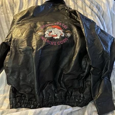 Retro Black Leather Bomber Jacket Embroidered Back- USMC Devil Dog Size XL