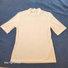 Mock Turtleneck White Rib Knit Short Sleeve Pullover Top Basic Light Base Layer
