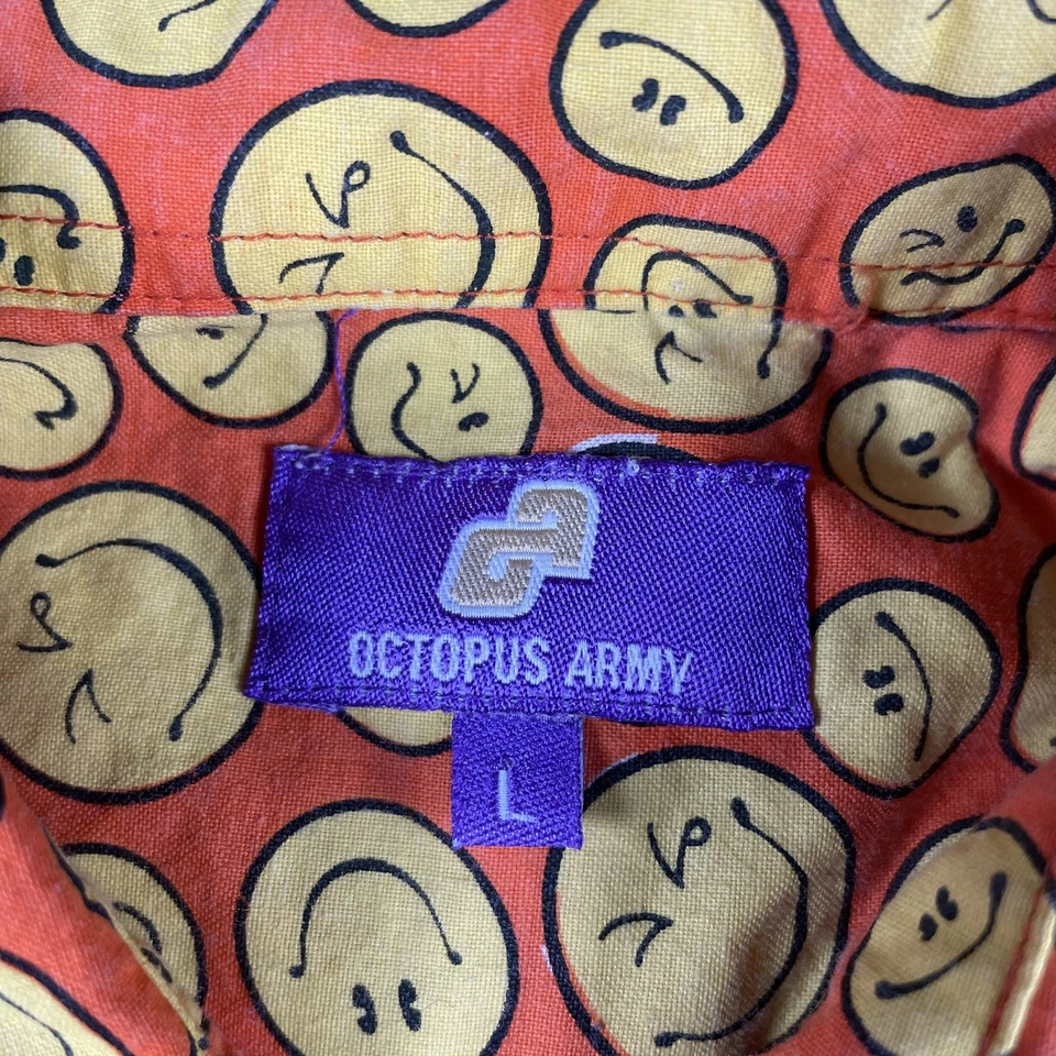 Camisa masculina polvo exército grande laranja amarela rosto sorridente padrão botão para cima casual - Imagem 4 de 4