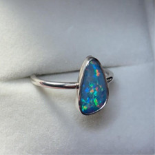 Fine Australian Opal doublet Ring 925 Sterling Silver Blue Red Fire Chrush Gift