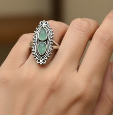 925 Solid Sterling Silver Aqua Chalcedony Two Stone Big Ring
