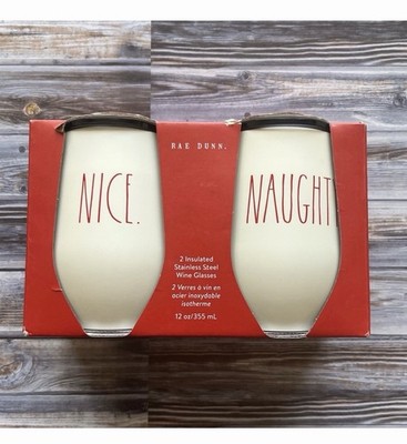 Rae Dunn Insulated Stainless Steel Wine Glasses with lids Set 12oz Nice Naughty