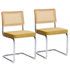 Freischwinger 2er Set Esszimmerstühle Rattan Rückenlehne Samtstoff Sitzkissen
